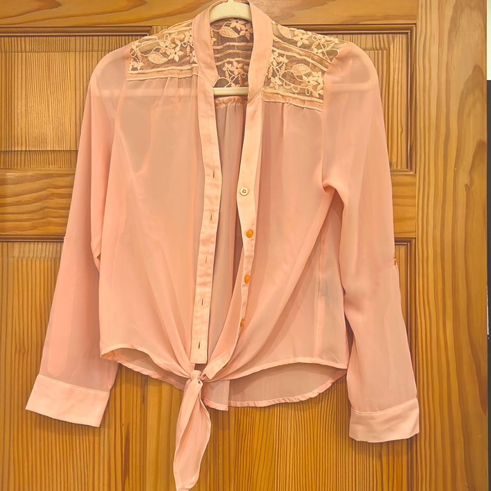 Floral Mesh Button Up | Salmon Pink